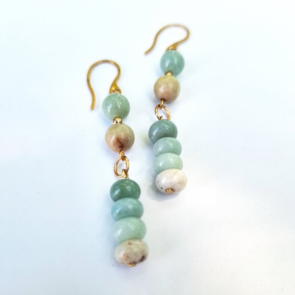 Amazonite Stone Gold French Hook Dangle Earrings Boho Chic Coastal Summer Gifts - Picture 8 of 10